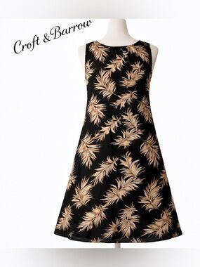 Croft & Barrow Black Palm Leaf Shift Dress. Sleeveless Tropical Midi. Sz. M